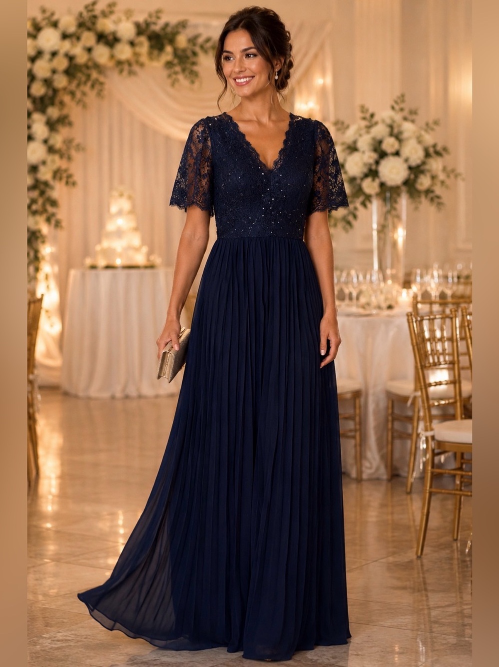 Soleblu  Lace Sequin Pleated Maxi Evening Dress S Mother of Bride Gala Event NWT